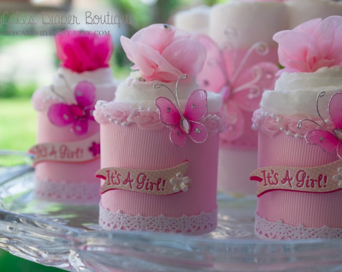 Diaper Cake Cupcakes - Pink Butterfly Diaper Cake - Mini Diaper Cupcake - Pink Baby Shower - Baby Shower Favors - It's a Girl - Baby Shower