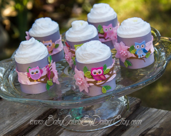 6 Owl Mini Diaper Cupcakes | Owl Mini Diaper Cakes | Owl Baby Shower | Diaper Cupcakes | It's a Girl | Baby Girl | Owl | Baby Shower Decor