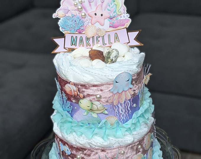 Under The Sea Diaper Cake, Under The Sea Baby Shower Cake, Ocean Animals Diaper Cake, Gender Neutral Sea Animals Diaper Cake, 2 Tier