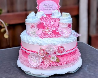 Pink Flower Diaper Cake - Adorable Baby Girl Gift - Pretty Baby Shower Centerpiece - Hot Pink Decoration