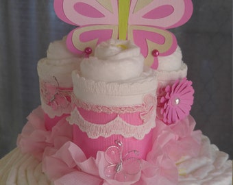 Pink Butterfly Diaper Cake - Whimsical Baby Shower Centerpiece - It's a Girl - Unique Baby Gift