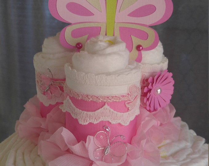 Featured listing image: Pink Butterfly Diaper Cake - Whimsical Baby Shower Centerpiece - It's a Girl - Unique Baby Gift