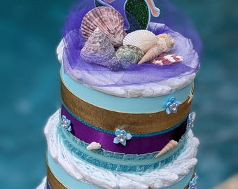 Gorgeous Mermaid Diaper Cake Gift Perfect for a Mermaid Themed Baby Shower with lots of tiny details