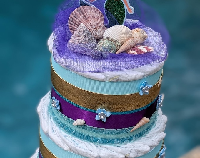 Gorgeous Mermaid Diaper Cake Gift Perfect for a Mermaid Themed Baby Shower with lots of tiny details