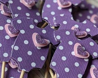 Onesie Baby Shower Cupcake Toppers - Cupcake Toppers - Lavender Polka Dot Cupcake Topper - Baby Shower Table Confetti