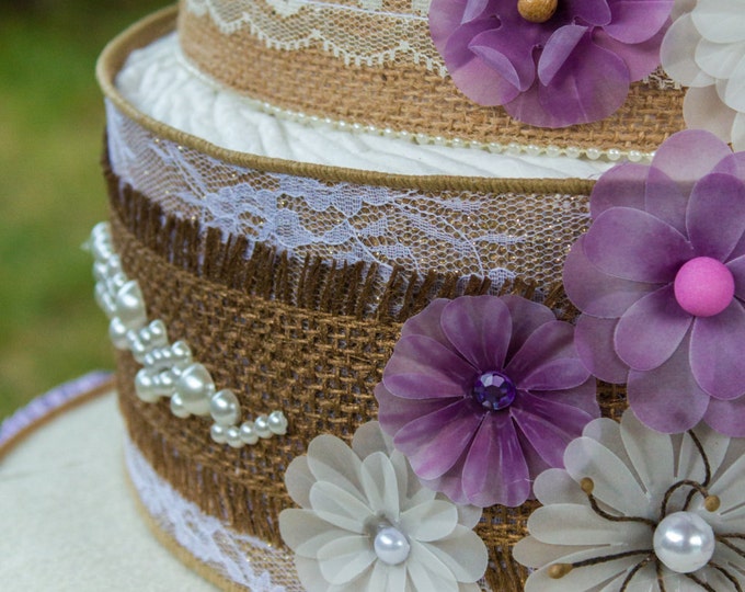 Rustic Theme Baby Shower - Violet Burlap Diaper Cake - Purple Burlap Diaper Cake - It's a Girl - Baby Shower Cake - Diaper Cake for a Girl