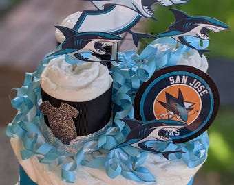 Hockey Theme Diaper Cake, Sharks Diaper Cake, Sports Diaper Cake