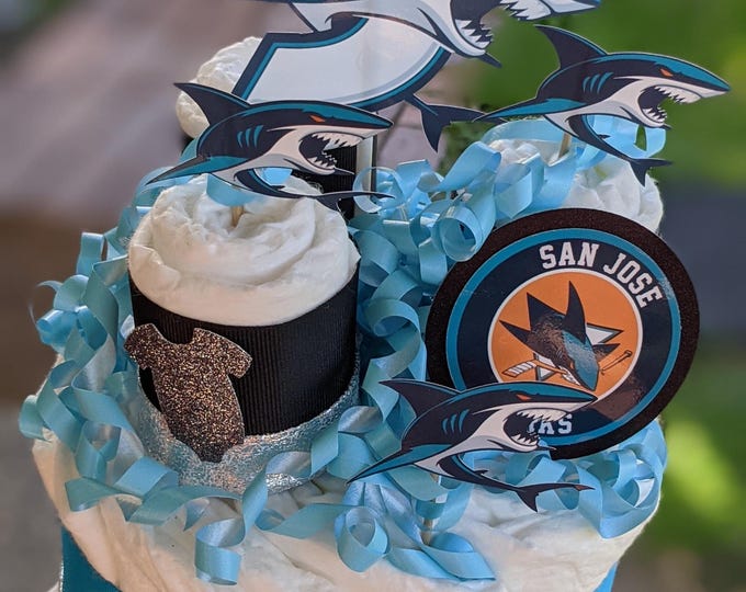 Hockey Theme Diaper Cake, Sharks Diaper Cake, Sports Diaper Cake