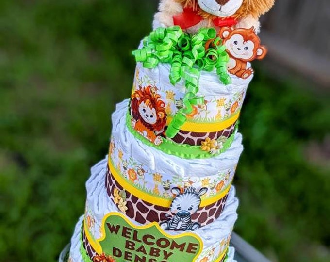 Safari Diaper Cake - 4 Tier - Jungle Diaper Cake - Safari Baby Shower - Jungle Baby Shower - Wild Animal Safari Diaper Cake - Baby Cake