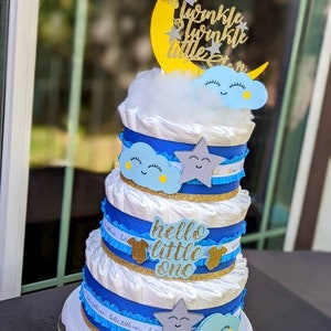 Moon and Stars Diaper Cake - Twinkle Twinkle Little Star - Diaper Cake for Boy or Girl - Blue Diaper Cake - Moon and Stars Baby Shower Cake