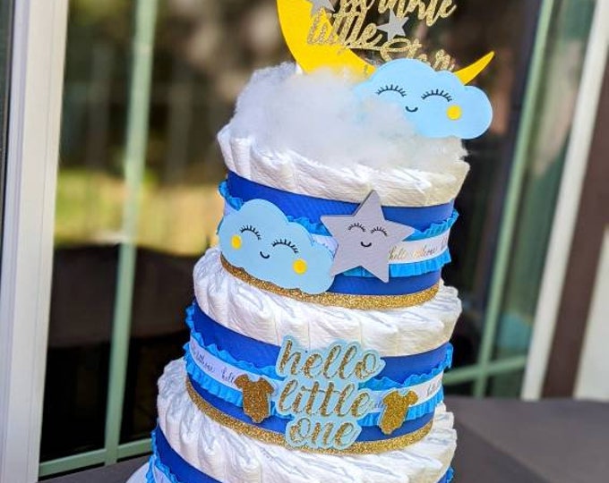 Moon and Stars Diaper Cake - Twinkle Twinkle Little Star - Diaper Cake for Boy or Girl - Blue Diaper Cake - Moon and Stars Baby Shower Cake