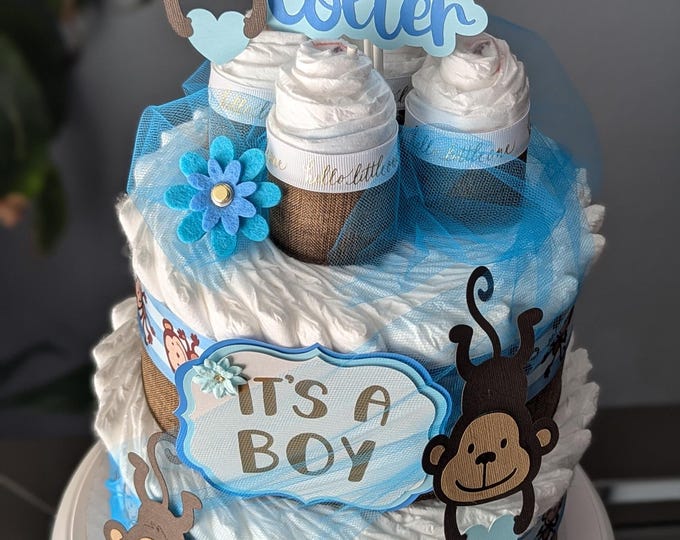 Monkey Diaper Cake - Monkey Boy Baby Shower - Blue and Brown Monkey Diaper Cake - It's a Boy Gift for Mom