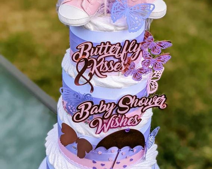 Butterfly Kisses Diaper Cake  - Baby Cake - Baby Shower Diaper Cake - Baby Shower Wishes - Pink Purple and Gold - Diaper Cake for a Girl