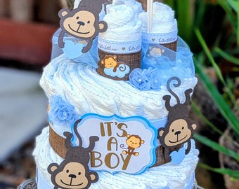 Monkey Diaper Cake - Blue & Brown Baby Shower Gift
