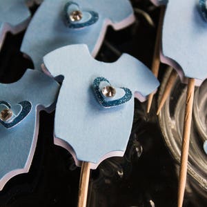 Blue Onesie Cupcake Toppers: Sparkly Heart Baby Shower Decor