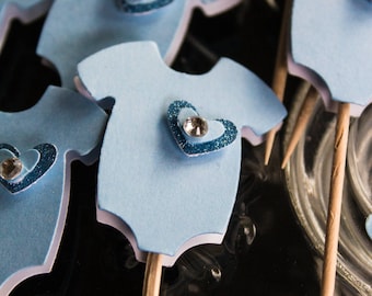 Blue Onesie Baby Boy Cupcake Toppers - It's a Boy - Baby Shower - Baby Boy Toppers - Cupcake Topper - Blue Onesie with Layered Heart