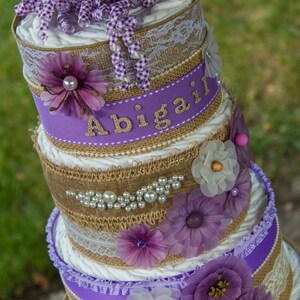 Rustic Theme Baby Shower Violet Burlap Diaper Cake Purple Burlap Diaper Cake It's a Girl Baby Shower Cake Diaper Cake for a Girl image 3