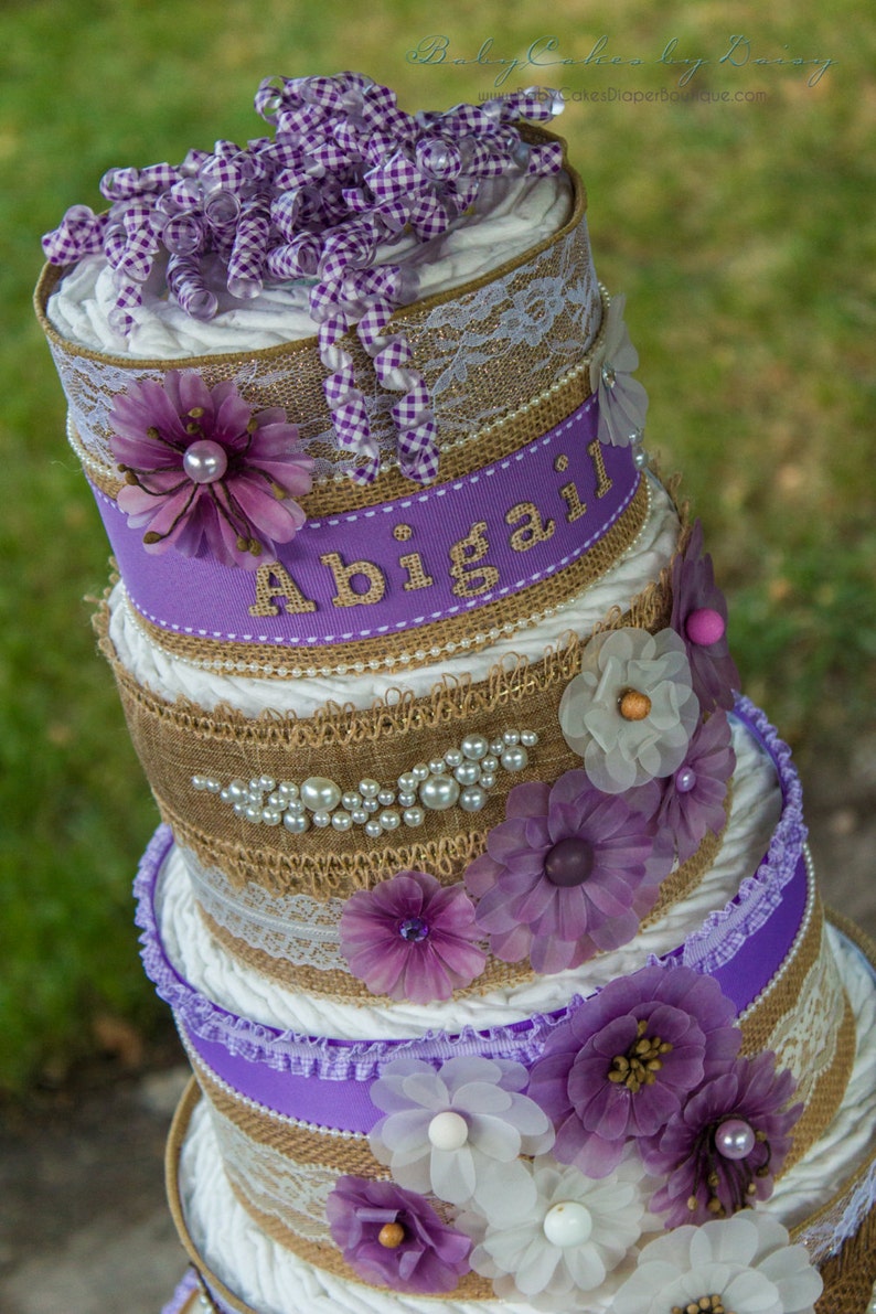 Rustic Theme Baby Shower Violet Burlap Diaper Cake Purple Burlap Diaper Cake It's a Girl Baby Shower Cake Diaper Cake for a Girl image 3