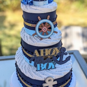 Nautical Sailor Diaper Cake for Baby Boy Shower - Ahoy Mate Decor - Boy&#39;s Nautical Theme Baby Gift - Unique Diaper Cake