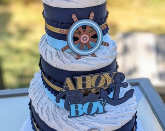 Nautical Sailor Diaper Cake for Baby Boy Shower - Ahoy Mate Decor - Boy's Nautical Theme Baby Gift - Unique Diaper Cake