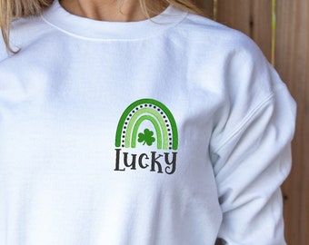 Embroidered LUCKY Rainbow Sweatshirt Crew Neck Top St Patricks Day Lucky Green Adult Sweatshirt