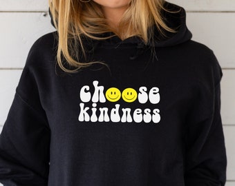 Embroidered CHOOSE KINDNESS Smiley Face Hoodie Pocket 90s Retro Smile Positivity