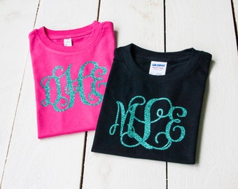 GIRLS Glitter Monogram Shirt Youth T-Shirt LOOSE Unisex FIT Sibling Shirts Vine Font