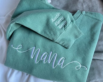 Nana Script Comfort Colors Crewneck Sweatshirt with Children Names Sleeve Embroidery Custom Gift Grandparent