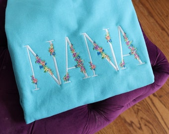 Nana Grandma Mimi Floral Crewneck Sweatshirt with Children Names Sleeve Embroidery Custom Gift