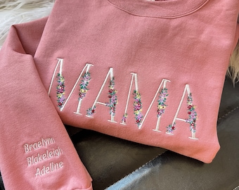 MAMA Floral Crewneck Sweatshirt with Children Names Sleeve Embroidery Custom Gift
