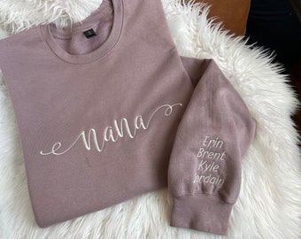 Nana Script Crewneck Sweatshirt with Children Names Sleeve Embroidery Custom Gift Grandparent