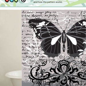 Butterfly Floral Shower Curtain, Vintage Script Fabric Bath Decor, Butterflies