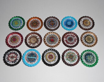 Geocache Swag Bottle Caps  - (15 Pcs) Weebledogs Own Set 2, Compass Design Bottle Caps