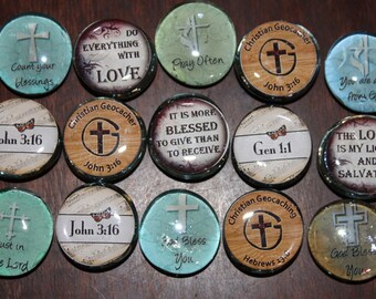 Geocache Double-Sided Glass Trading Stones - Images Of The Cross / Christian Geocacher