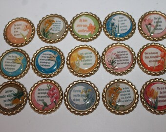 Christian Scripture & Flowral Geocache Coin bottle caps - 15 Piece Set - Great Way To Witness