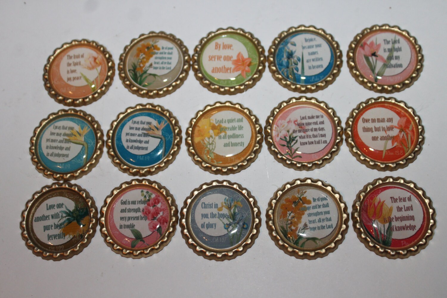 Christian Scripture &amp; Flowral Geocache Coin Bottle Caps 15 Piece Set ...