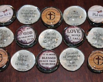 Geocache Double-Sided Glass Trading Stones - Hand Written Scriptures  / Christian Geocacher