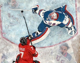 Connor Hellebuyck Golden Save - Olympic Gold Medal Game  Art Print, Oil Paint and Newspaper Collage
