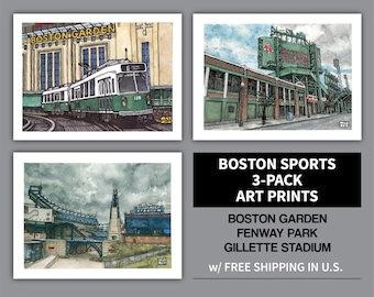 Láminas artísticas de deportes de Boston: paquete de 3 (Fenway Park, Gillette Stadium, Garden)