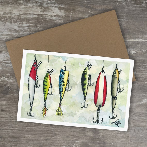Fishing Lures Greeting Card: Vintage Style (Blank Inside, Brown Envelope)