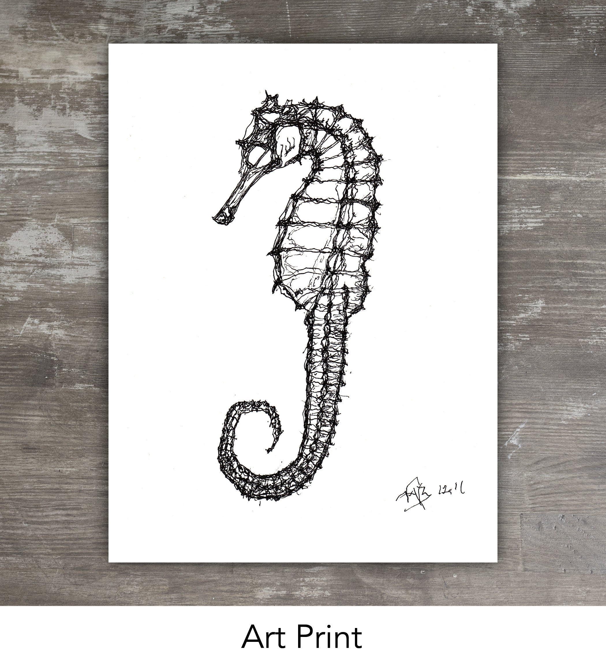 海をテーマにしたタツノオトシゴの版画、ペンとインクの絵（白黒