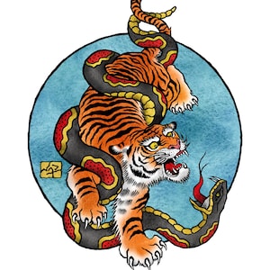 Tiger and Snake Tattoo Print: Old School Flash (Bold Linework)