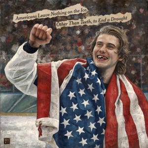 May include: An oil painting depicts a smiling person wrapped in an American flag, celebrating a victory. The person is missing a tooth. Text at the top reads, "Americans Leave Nothing on the Ice, Other Than Teeth, to End a Drought."