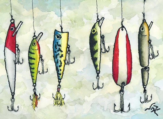 artwork using fishing lures and bobblers // Ink & Watercolor Lot Detail - [FOLK ART]