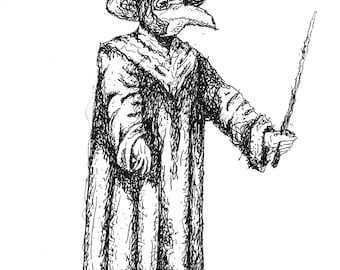 Arte mural del Doctor de la Peste: dibujo gótico espeluznante a pluma y tinta