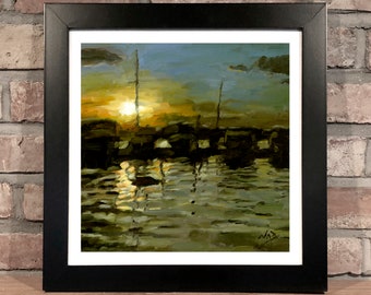Art Print // SUNSET WITH BOATS - Oil Painting
