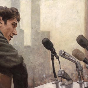 May include: An oil painting depicts a man looking towards a row of microphones. The man is wearing a dark coat and has a strap across his shoulder. The background shows a cityscape with tall buildings.