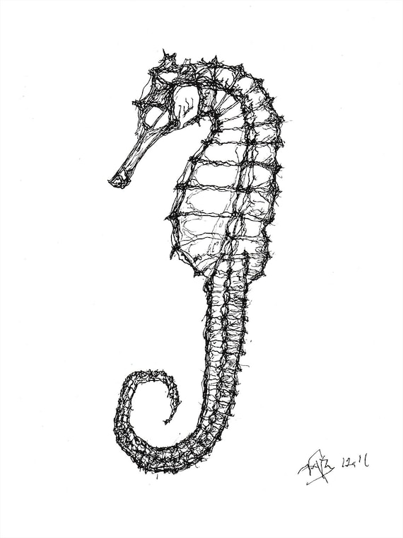 海をテーマにしたタツノオトシゴの版画、ペンとインクの絵（白黒