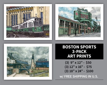 Art Print 3 Pack // BOSTON SPORTS // Ink & Watercolor (Red Sox, Bruins, Celtics, Patriots, Fenway Park, Gillette Stadium, Garden)