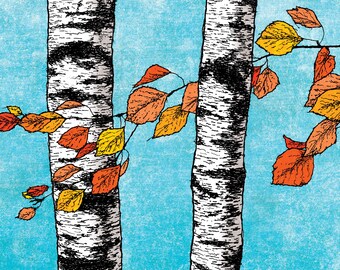 Birch Trees Mixed Media Art Print, Autumn Forest Scene (Wall Decor)